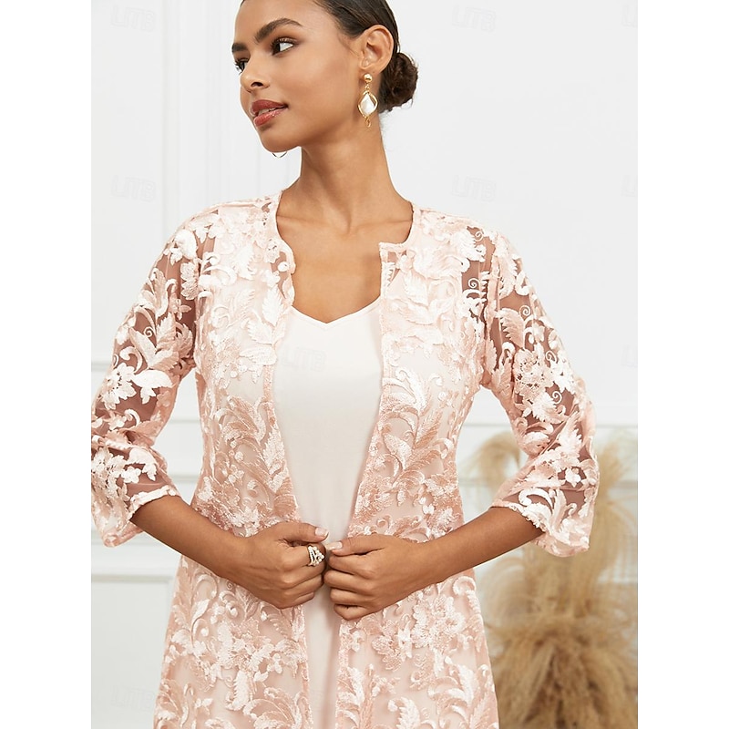 Women's Knee Length Dress Dress Set Elegant Formal Wedding Guest Cocktail Party Regular Fit Solid Color Plain Short Sleeve V Neck Beige Summer Spring Fall3