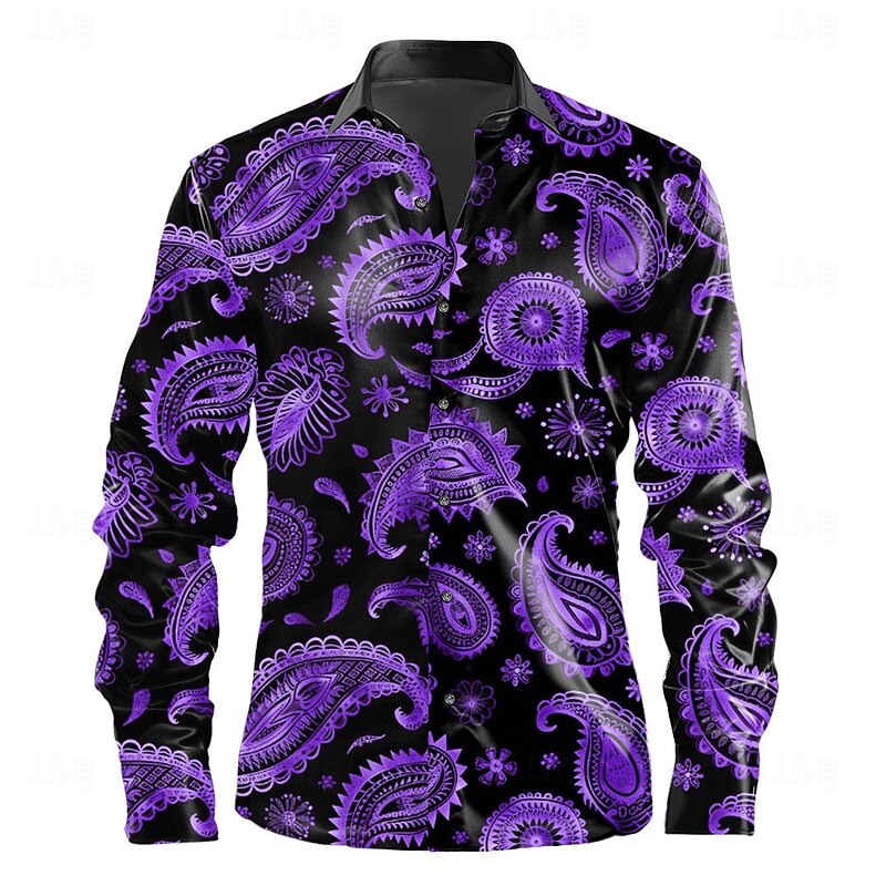 Men's Paisley Shirt Dress Shirt Button Up Shirt Long Sleeve Fashion Casual Vacation Dailywear Summer Spring Fall Turndown Collared Shirts Button Up 3D Print Purple