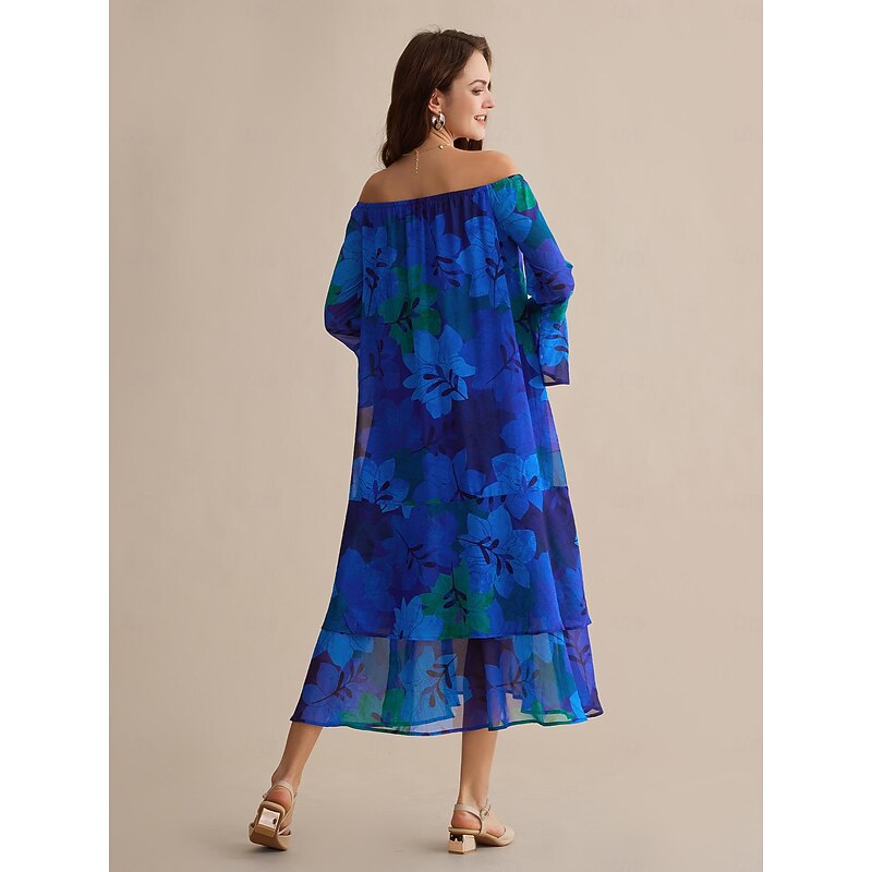 Chiffon Wedding Guest Royal Blue Floral Off Shoulder Long Sleeve Maxi Dress3