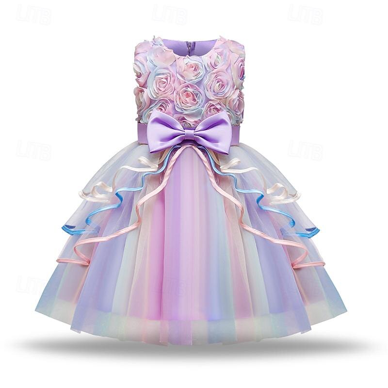Girls' 3D Rainbow Party Dress Sleeveless Summer Spring Performance Party Birthday Princess Beautiful Sweet Kids 4-12 Years Party Dress Swing Dress A Line Dress Midi Regular Fit