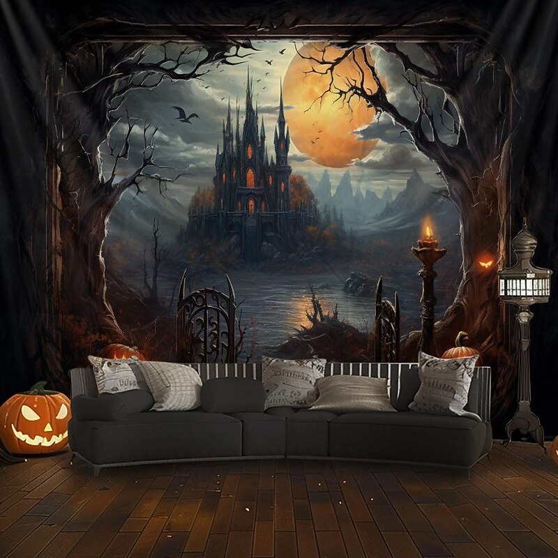 Halloween Decorations Hanging Tapestry Jack O Lantern Pumpkins Wall Art Large Tapestry Mural Decor Photograph Backdrop Blanket Curtain Home Bedroom Living Room Forest Castle4