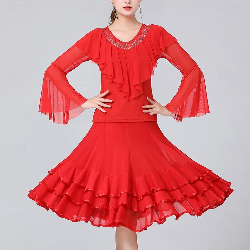Ballroom Dance Skirts Ruffles Pure Color Splicing Women's Performance Training Long Sleeve High Polyester4