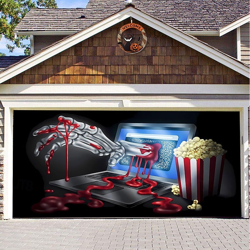 Halloween Door Decorations Halloween Garage Door Cover Pumpkins Jack O Lantern Outdoor Banner Ghost Bats Large Backdrop Decoration for Holiday Out door Decorations Door Home Wall Decorations 20