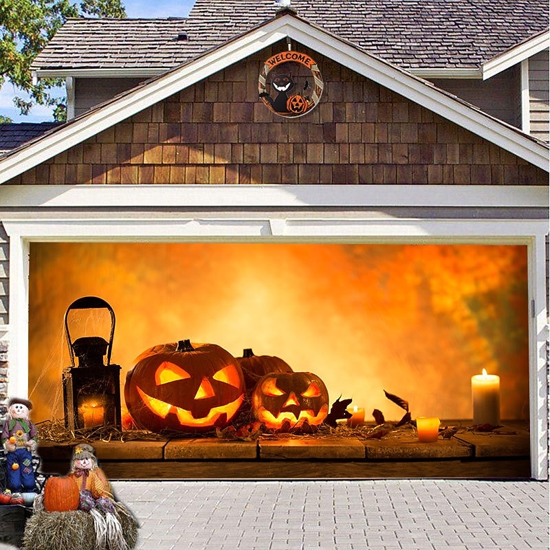 Halloween Door Decorations Halloween Garage Door Cover Pumpkins Jack O Lantern Outdoor Banner Ghost Bats Large Backdrop Decoration for Holiday Out door Decorations Door Home Wall Decorations 16