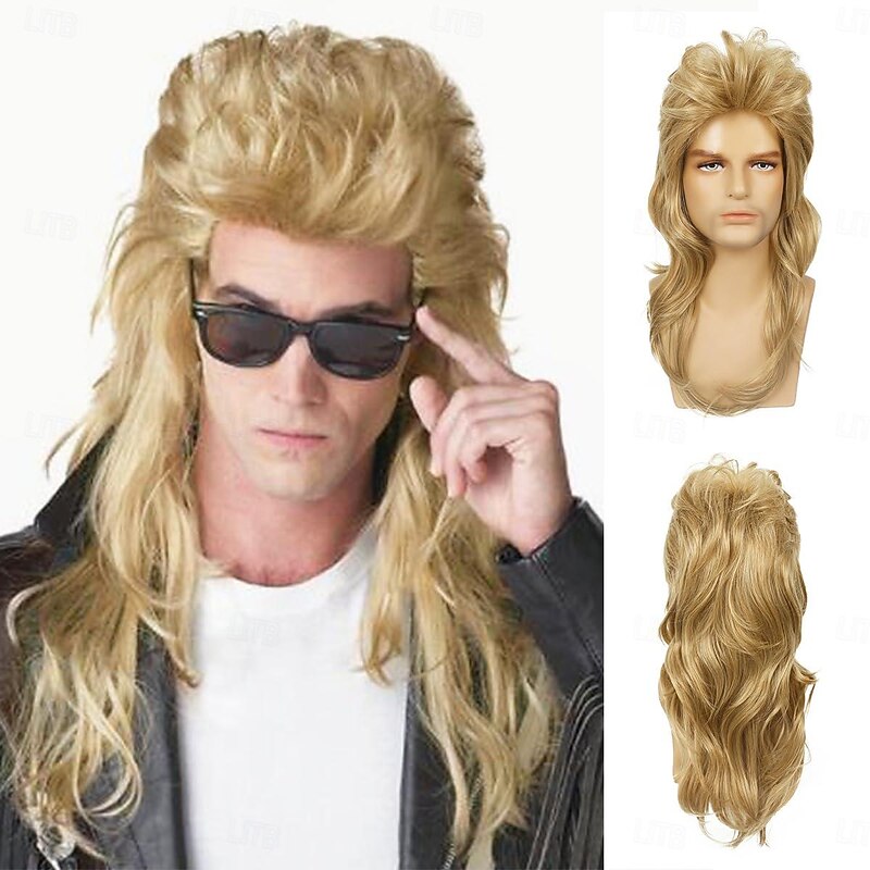 Mullet Wig for Men 70s 80s Costume Fancy Party Wig Long Blonde Curly Punk Rocker Wig Synthetic Carnival Costumes Wigs for Male Guys Halloween Wigs
