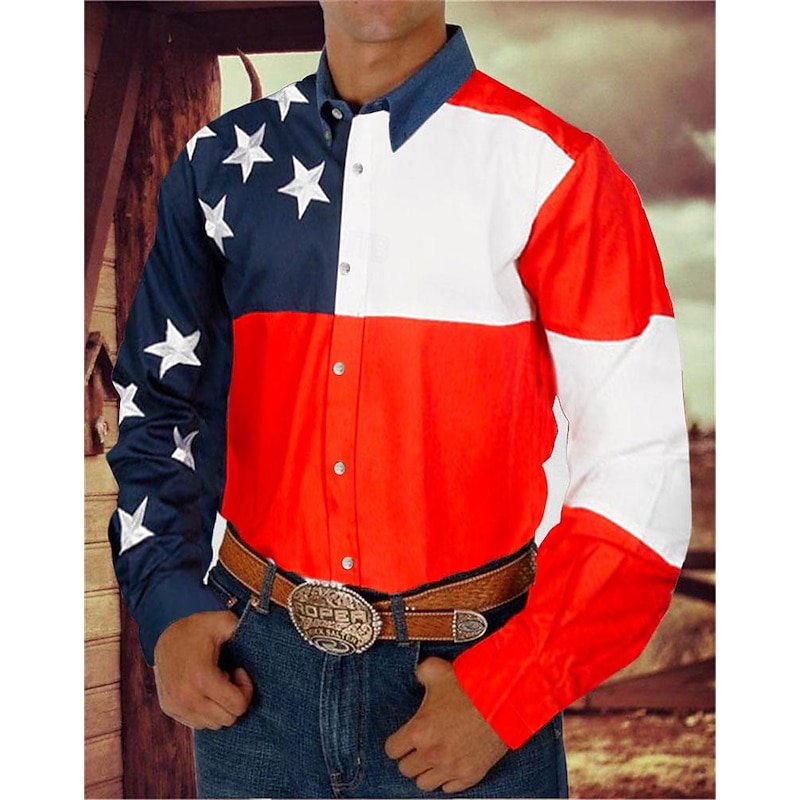 Men's American Flag Western Shirt Button Up Shirt Cowboy Shirt Long Sleeve Western Style Daily Turndown Collared Shirts 3D Print Front Pocket Black White Red Blue3