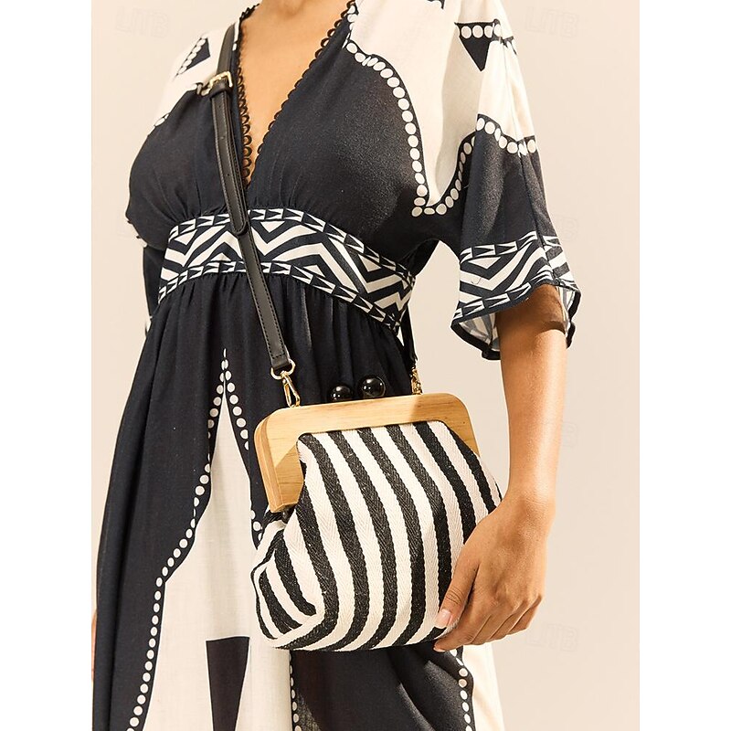 Women's Striped Canvas Crossbody Bag – Retro Wooden Frame Small Shoulder Purse with Adjustable Strap – Black and Beige, Ideal for Casual Outings and Travel3