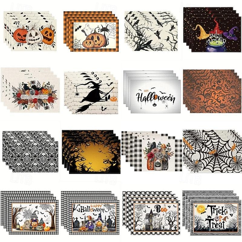 4pcs/set Halloween Placemats,12x18 Inch Pumpkin Ghost Truck Bats Buffalo Plaid Washable Linen Dining Table Place Mats Farmhouse Seasonal Kitchen Dinner Party Holiday Decor3