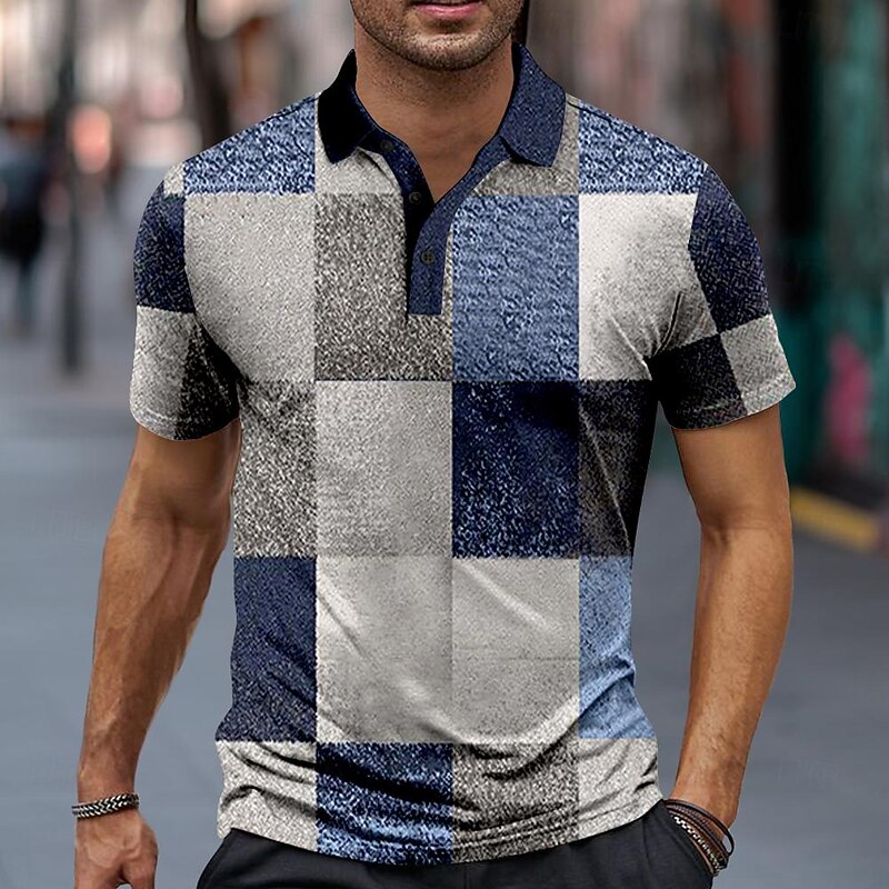 Men's Plaid Polo Shirts Golf Shirt Short Sleeve Polo Shirts Collared Shirts Vintage Vacation Wear Formal Wear Festival Wear Buttons 3D Print Spring & Summer Wine Red Blue2