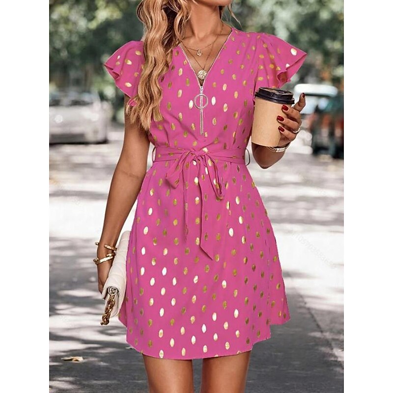 Women's Casual Dress Polka Dot Zipper Print V Neck Mini Dress Stylish Casual Daily Date Short Sleeve Summer2