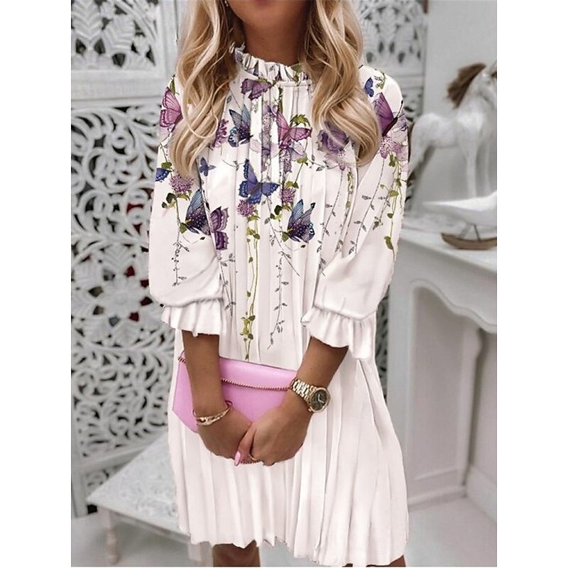 Women's Casual Dress Floral Ruched Print Stand Collar Mini Dress Stylish Casual Daily Date Long Sleeve Fall