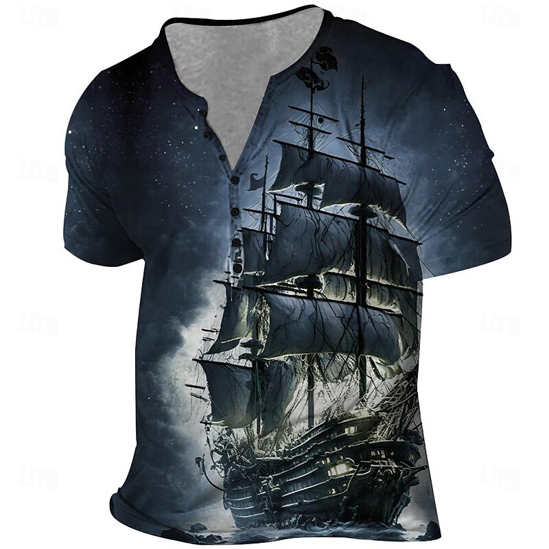 Men's Boat T Shirt Short Sleeve 3D Print Vintage Fashion Exaggerated Party Daily Summer Spring Fall Blue Brown Green Gray Henley Collar Henley T-Shirt2