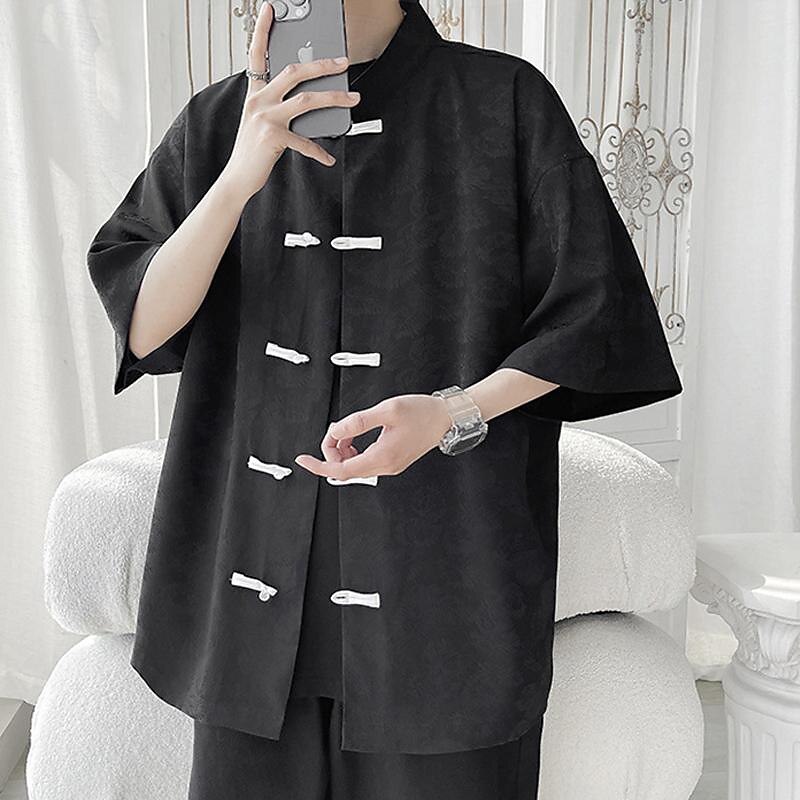 Men's Shirt Chinese Collar Shirt Mandarin Collar Shirt Summer Shirt Casual Shirt Beach Shirt Black White Short Sleeve Plain Mandarin Collar Vacation Holiday Embroidered Clothing Apparel Polyester 5