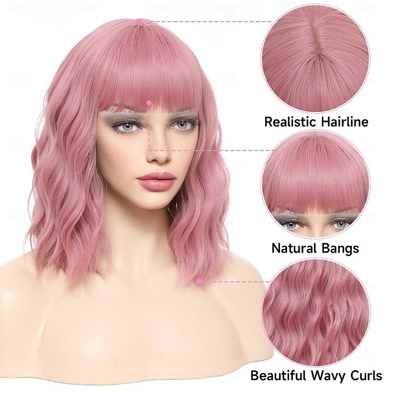 Bob Wig With Bangs Short Wavy Pink Wigs For Women Medium Length Synthetic Cosplay Bang Wig Fun Party Colored Hair Wigs(Pink, 12 Inch) Halloween Wigs3