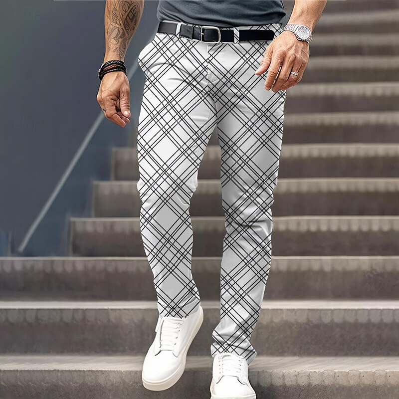 Men's Plaid Dress Pants Mid Waist Formal Casual Pocket 3D Print Buttons Summer Spring Fall & Winter 3D Print White