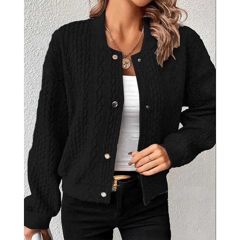 Women's Casual Jacket Dailywear Stand Collar Button Solid Color Warm Fashion Loose Fit Outerwear Long Sleeve Spring Black S4