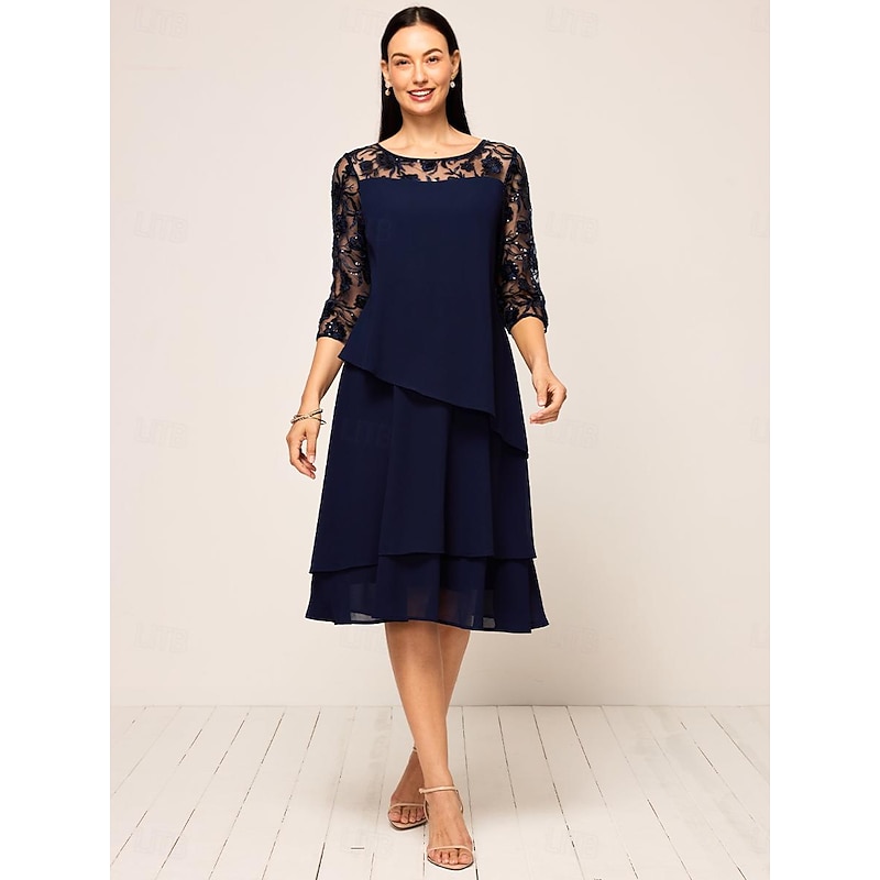 Women'sWedding Guest Cocktail Dress Chiffon Ruffle Party Elegant Formal Crew Neck Flared Sleeve Dark Blue Color