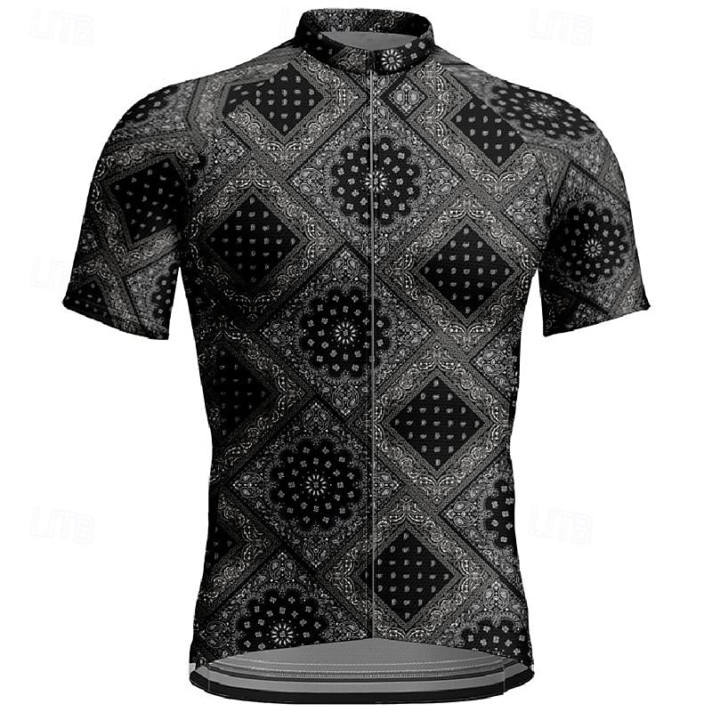 Men's Cycling Jersey Flower Argyle Short Sleeve Bike Tee Tshirt Jersey Top with 3 Rear Pockets Mountain Bike MTB Quick Dry Breathable Sports Black White Clothing Apparel