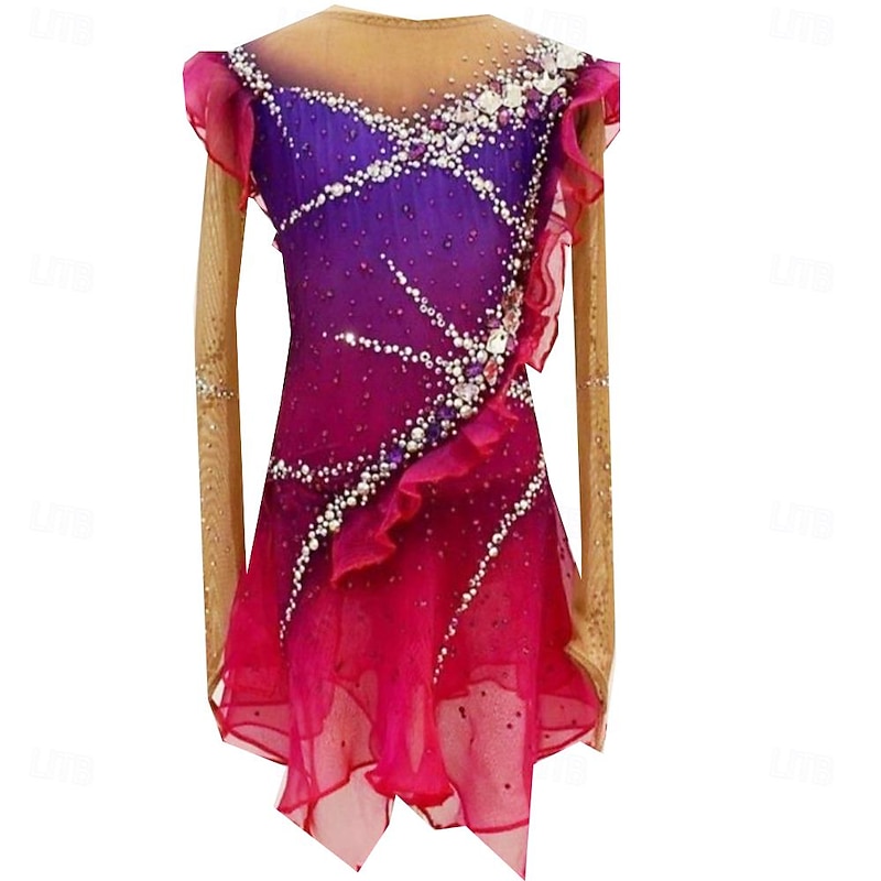 Figure Skating Dress Women's Ice Skating Skirt Dress Red Thumbhole Open Back Spandex High Elasticity Professional Competition Skating Wear Thermal Warm Classic Crystal / Rhinestone Long Sleeve Ice