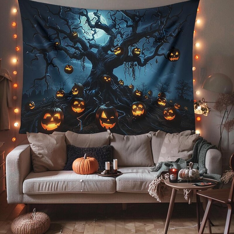 Halloween Decorations Hanging Tapestry Jack O Lantern Pumpkin Tree Wall Art Large Tapestry Mural Decor Photograph Backdrop Blanket Curtain Home Bedroom Living Room2