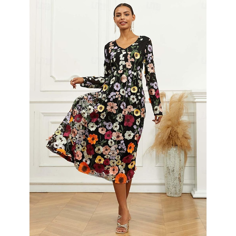 Women's Midi Dress Black Dress A Line Dress Elegant Stylish Bishop Sleeve Wedding Guest Cocktail Party Regular Fit Floral Long Sleeve V Neck Black Spring Fall 8