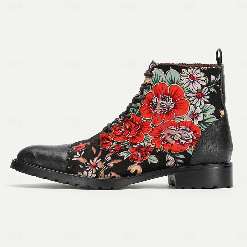 Men's Black Floral Combat Boots with Rugged Soles and Leather Toe Caps for Casual and Outdoor Wear3