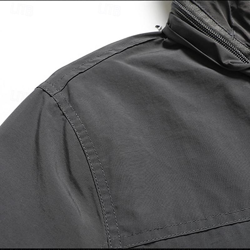 Men's Outdoor Jacket Transition Jacket Hiking Removable Multiple Pockets All Seasons Plain Casual Hooded Regular Black Khaki Dark Blue Gray Jacket 16
