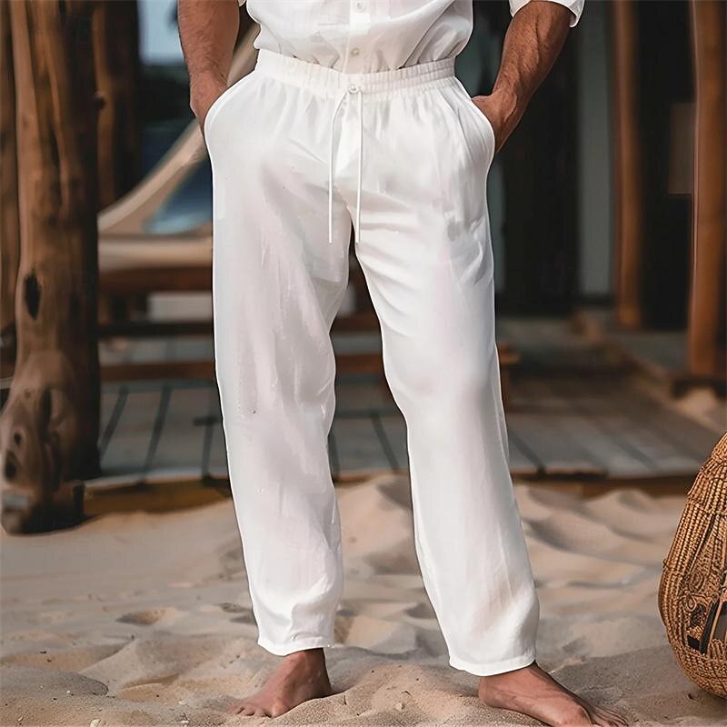 Men's Linen Pants Trousers Summer Pants Drawstring Elastic Waist Plain Comfort Soft Full Length Party Daily Beach Fashion Simple Black White Micro-elastic