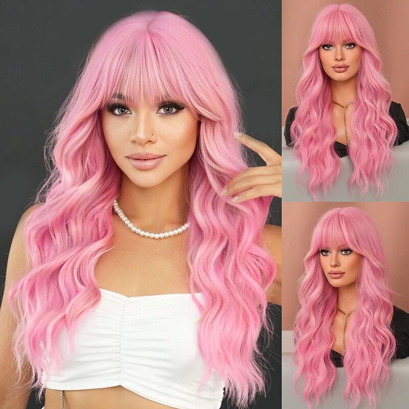 Long Wavy Pink Wig 24in Natural Heat Resistant Fiber Synthetic Curly Light Pink Wigs with BangsHalloween Cosplay Party Wigs