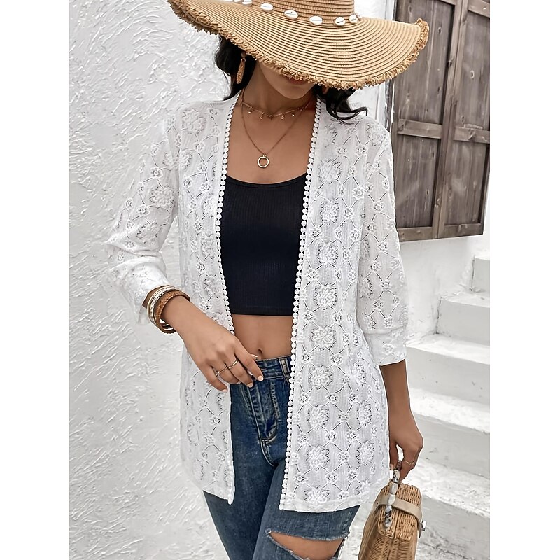 Women's Dressy Dusters Dressy Jackets Coat Outdoor Street Daily Spring Fall Regular Coat V Neck Regular Fit Windproof Breathable Stylish Contemporary Casual Jacket Long Sleeve Plain Lace Trims White