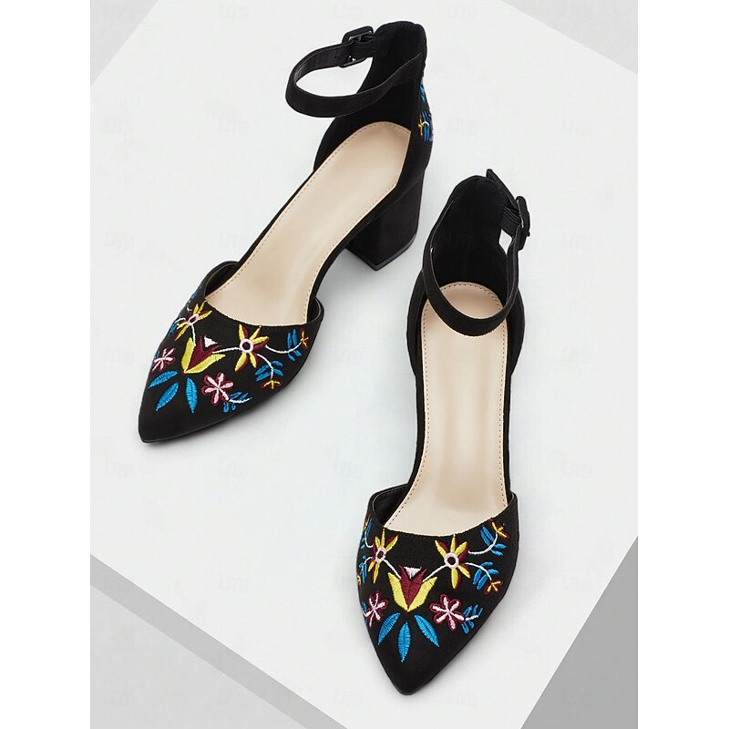 Women's Embroidered Ankle Strap Block Heels - Elegant Floral Pattern Dress Shoes for Parties and Events4