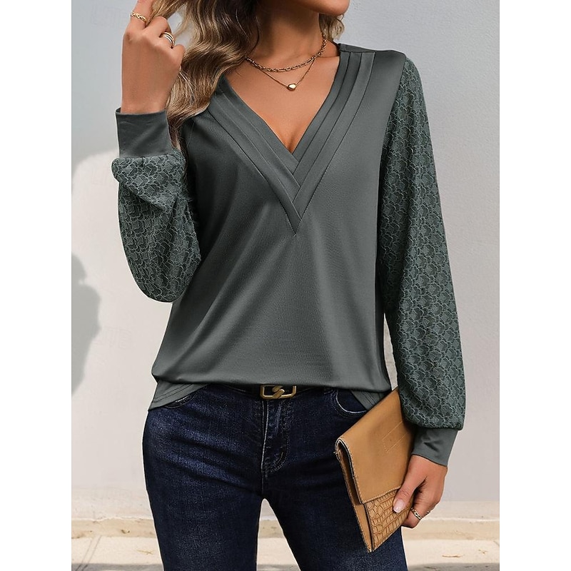 Women's Elegant Lace Tops Eyelet Blouse Stylish Modern Solid Color Lace Ruched Long Sleeve V Neck Work Romantic Petite Tops Summer Holiday Wear Gray Spring Fall Winter3