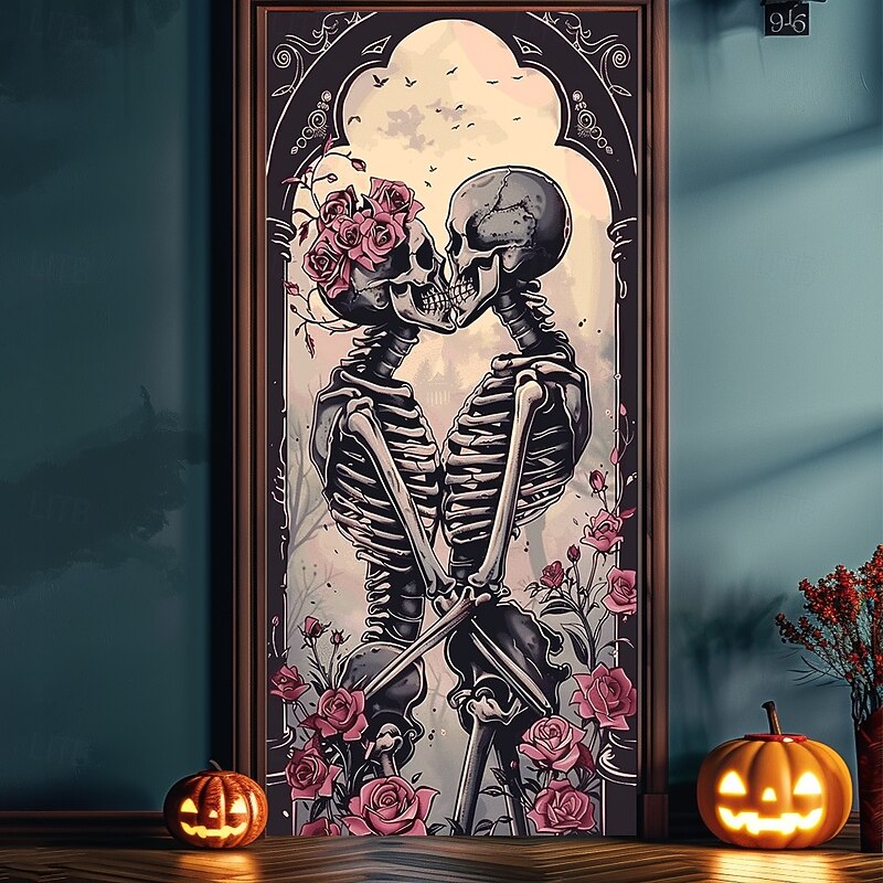 Halloween Door Decorations Skull Couple Door Covers Door Tapestry Door Curtain Decoration Backdrop Door Banner for Front Door Farmhouse Holiday Party Decor Supplies4