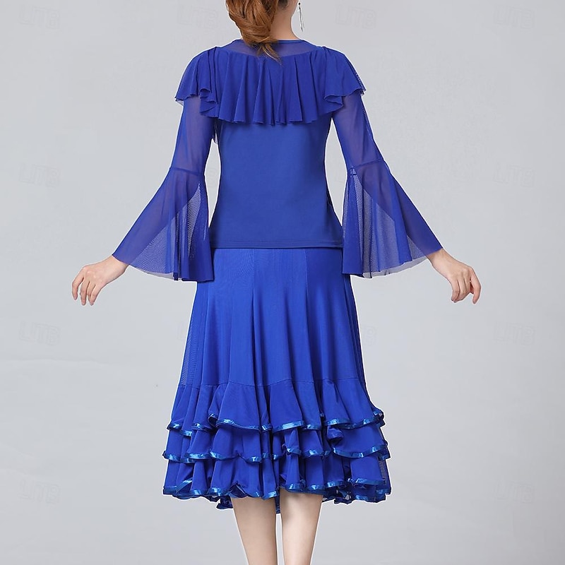 Ballroom Dance Skirts Ruffles Pure Color Splicing Women's Performance Training Long Sleeve High Polyester2