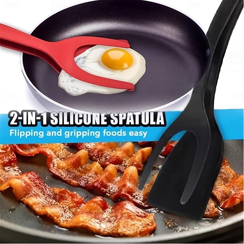 2-Piece Black And Red Silicone Spatula Suitable For Eggs Pancakes And Steaks - Slotted Design For Easy Flipping And Storage - Ideal For Grilling Burgers Etc. - A Must-Have In The Kitchen4