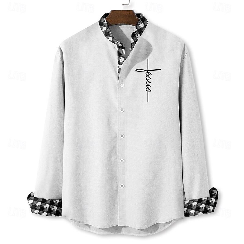 Men's Jesus Shirt Button Up Shirt Long Sleeve Vintage Casual Vacation Daily Summer Spring &  Fall Standing Collar Button Up 3D Print White Blue Khaki Gray3