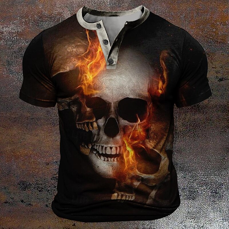 Halloween Men's Skull Henley Shirt Short Sleeve T shirt 3D Print Henley Shirt Fashion Designer Comfortable Casual Daily Black Summer Clothing Apparel S M L XL XXL XXXL