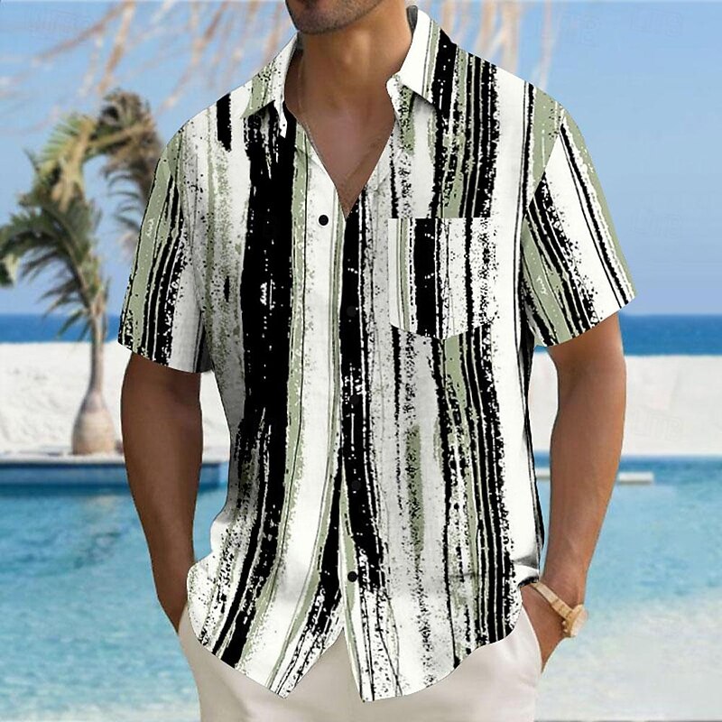 Men's Striped Geometric Pattern Button Up Shirt Printed Shirts Short Sleeve Hawaiian Resort Outdoor Business / Ceremony / Wedding Summer Turndown Print Button-Down Black Purple Rainbow4