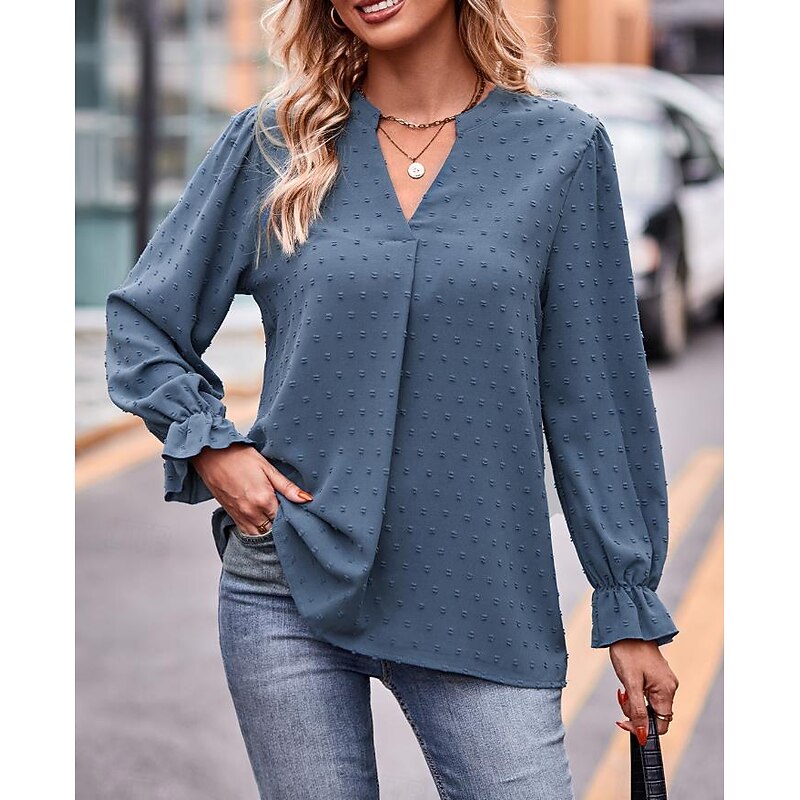 Women's Blouse Solid Color Plain Elegant Stylish Long Sleeve Ruffle Sleeve Notched Neck Regular Tops Work Daily Ruched Black White Blue Green Spring Fall4