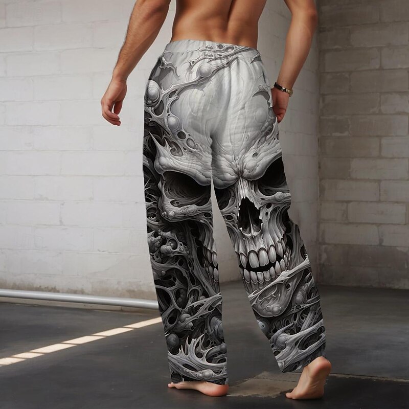 Men's Skull Casual Pants Mid Waist Holiday Straight Leg Summer Spring 3D Print Black2