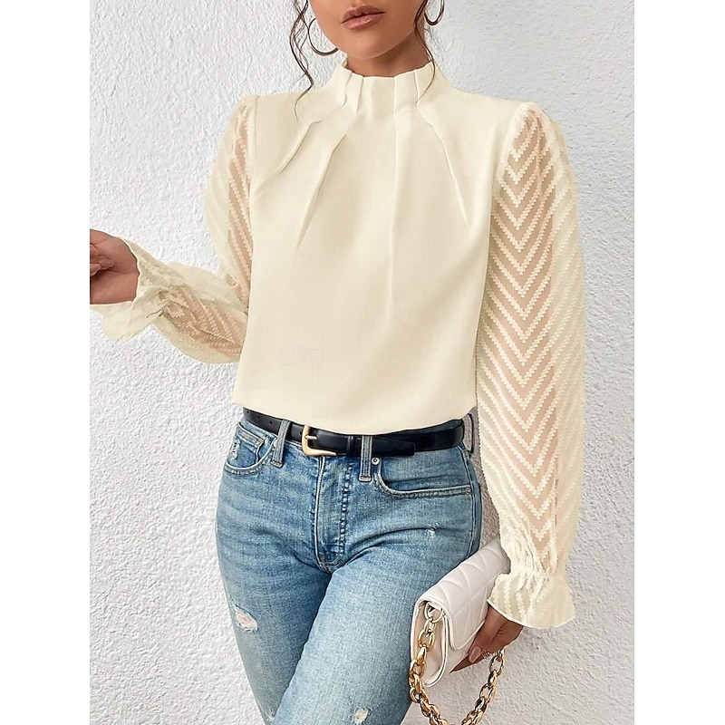 Shirt Blouse Dressy Tops Women's White Pink Navy Blue Plain Mesh Street Daily Fashion High Neck Regular Fit S4