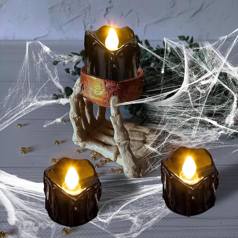 12pcs Black LED Tea Lights Halloween Night Lights Candle Lights Outdoor Indoor Garden Halloween Decor Halloween Electric Candles Battery Powered Halloween Lanterns Holiday Party Decorations2