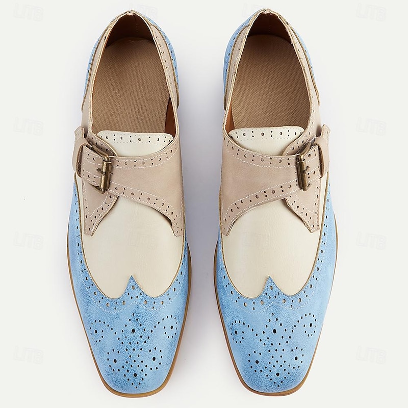 Men's Vintage-Style Two-Tone Suede and Leather Oxford Shoes with Brogue Detailing and Buckle Strap - Perfect for Formal and Semi-Formal Occasions4