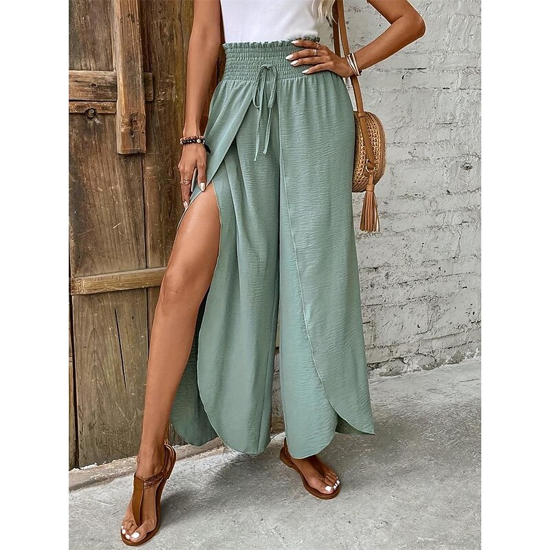 Women's Wide Leg Pants Trousers Fashion Long Plain Drawstring Split Breathability Comfortable Micro-elastic Casual Daily Green Spring & Summer Loose Fit2