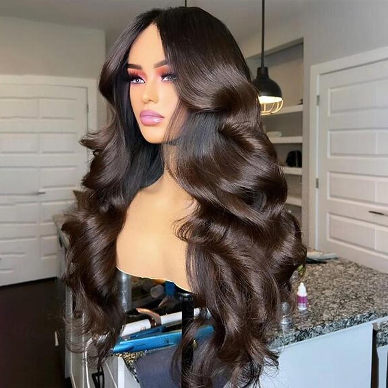 Remy Human Hair 13x4 Lace Front Wig Middle Part Brazilian Hair Wavy Brown Wig 130% 150% Density with Baby Hair Ombre Hair Glueless Pre-Plucked For Women Long Human Hair Lace Wig3