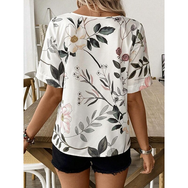 Women's Shirt Blouse Elegant Floral Print Short Sleeve Regular Tops Crew Neck Daily Linen Like Light Green Summer4