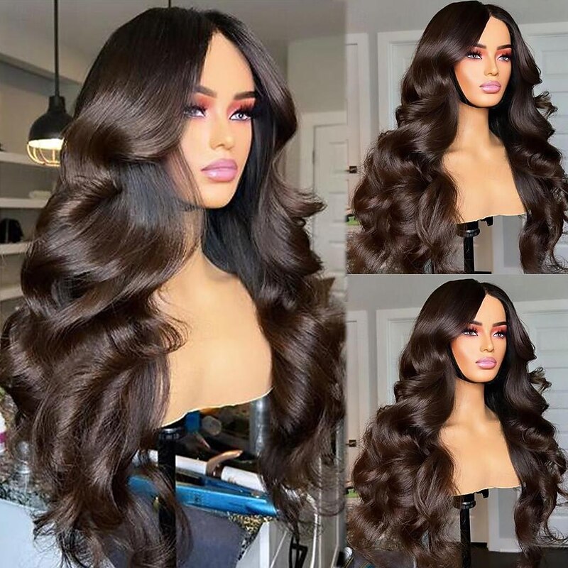 Remy Human Hair 13x4 Lace Front Wig Middle Part Brazilian Hair Wavy Brown Wig 130% 150% Density with Baby Hair Ombre Hair Glueless Pre-Plucked For Women Long Human Hair Lace Wig