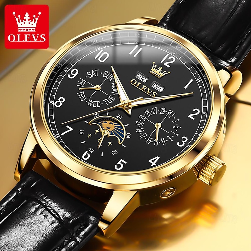 OLEVS Men Mechanical Watch Fashion Business Wristwatch Automatic Self-winding Moon phase Luminous Perpetual Calendar Leather Watch4