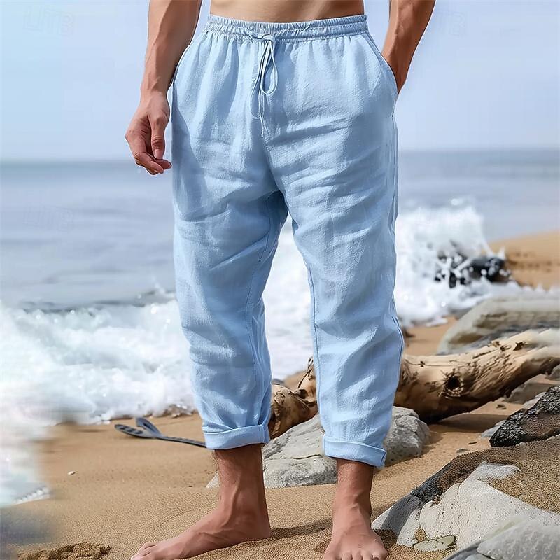 Men's Linen Pants Trousers Summer Pants Beach Pants Pocket Drawstring Elastic Waist Plain Comfort Breathable Outdoor Daily Stylish Hip Hop White Blue