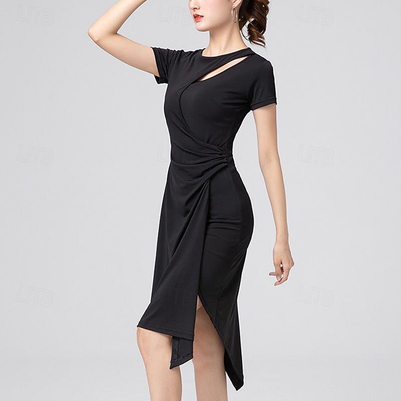 Latin Dance Dress Hollow-out Pure Color Splicing Women's Performance Training Short Sleeve High Polyester4